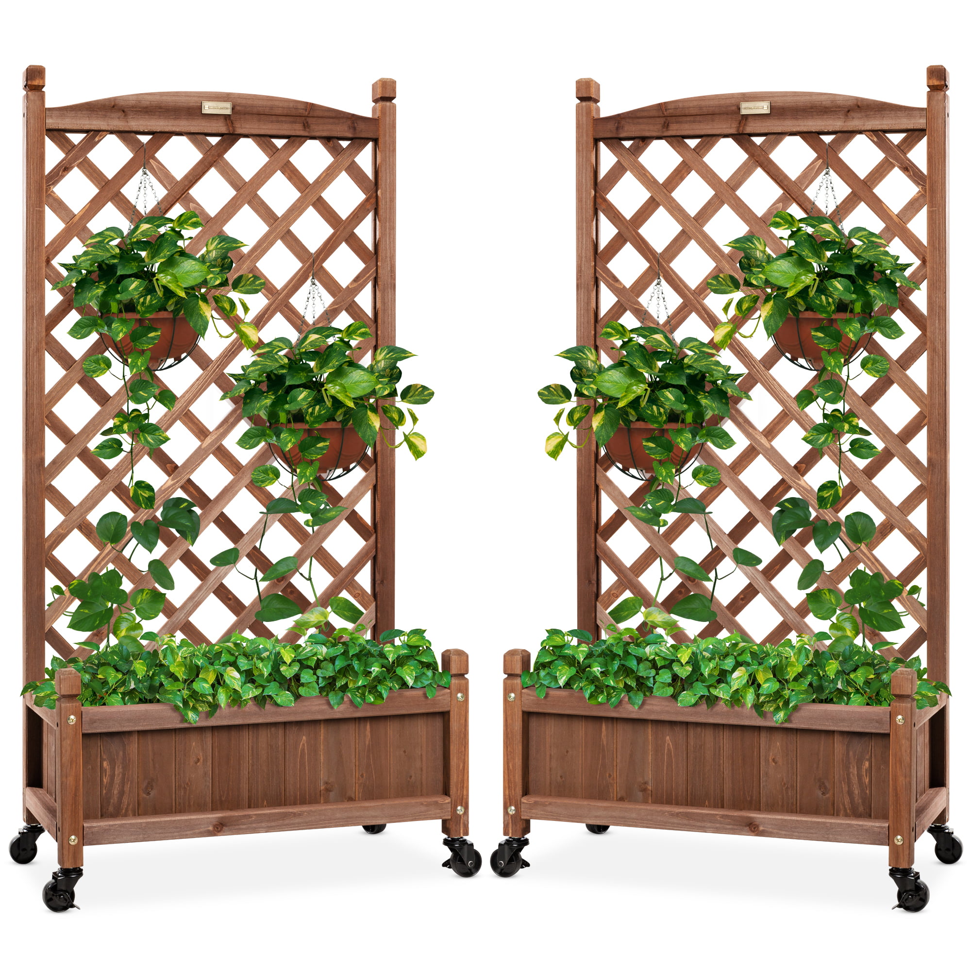 Best Choice Products Set of 2 48in Wood Planter Box & Diamond Lattice Trellis. w/ Drainage. Optional Wheels - Walnut