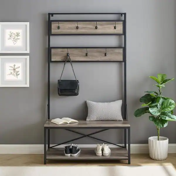 Walker Edison Furniture Company 72 in. Grey Wash Industrial Metal and Wood Hall Tree