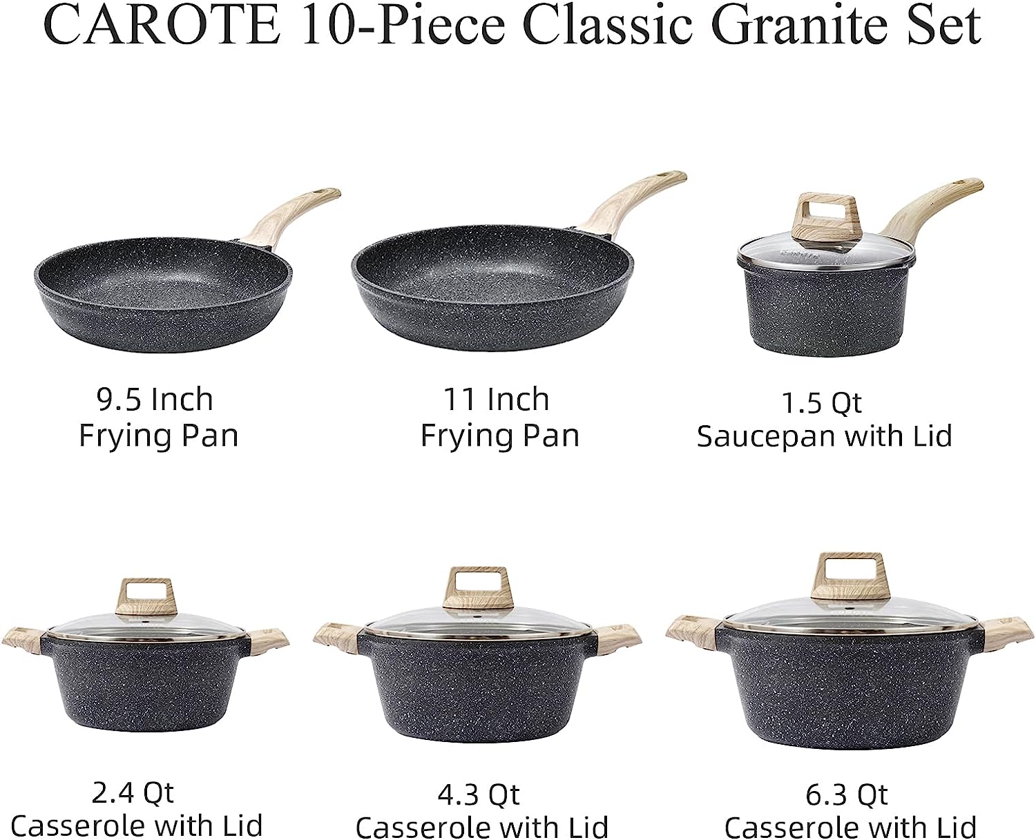 Carote Nonstick Granite Cookware Sets 10 Pcs Stone Cookware Set.non stick frying pan set . pots and pans set ( Granite. induction cookware). Granite Classic Black Set