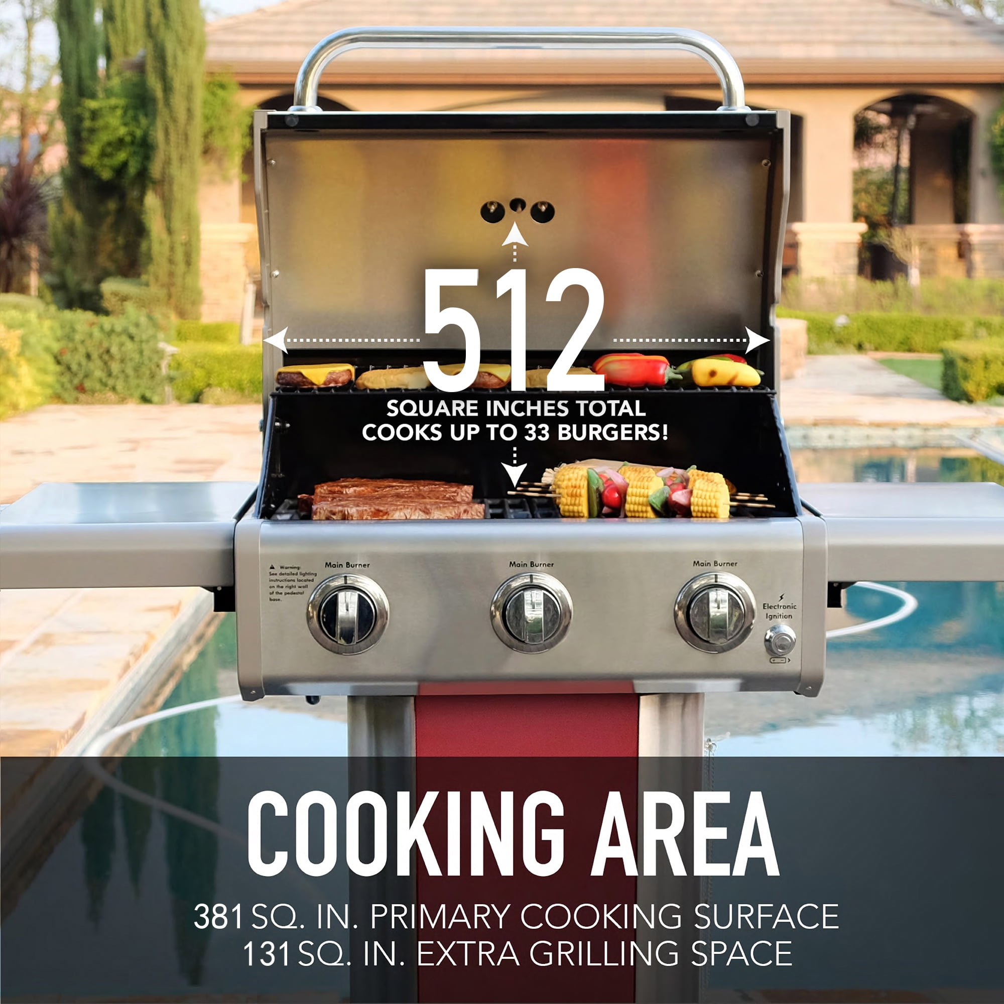 Kenmore 3-Burner Outdoor BBQ Propane Gas Grill with Foldable Sides. Red