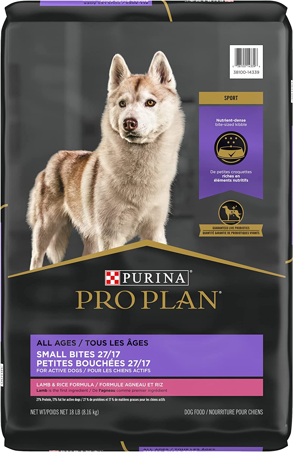 Purina Pro Plan High Protein Small Bites Dog Food. SPORT 27/17 Lamb & Rice Formula - 18 lb. Bag