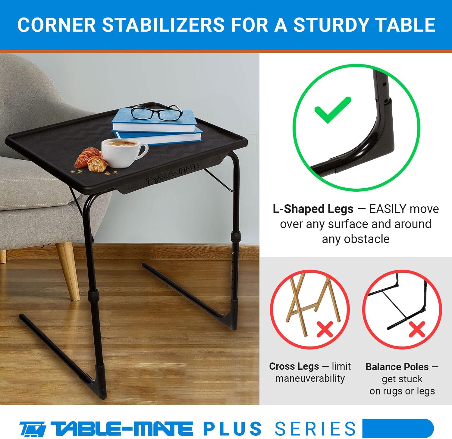 Table-Mate XL Plus - Adjustable Folding TV Tray & Laptop Stand. Black