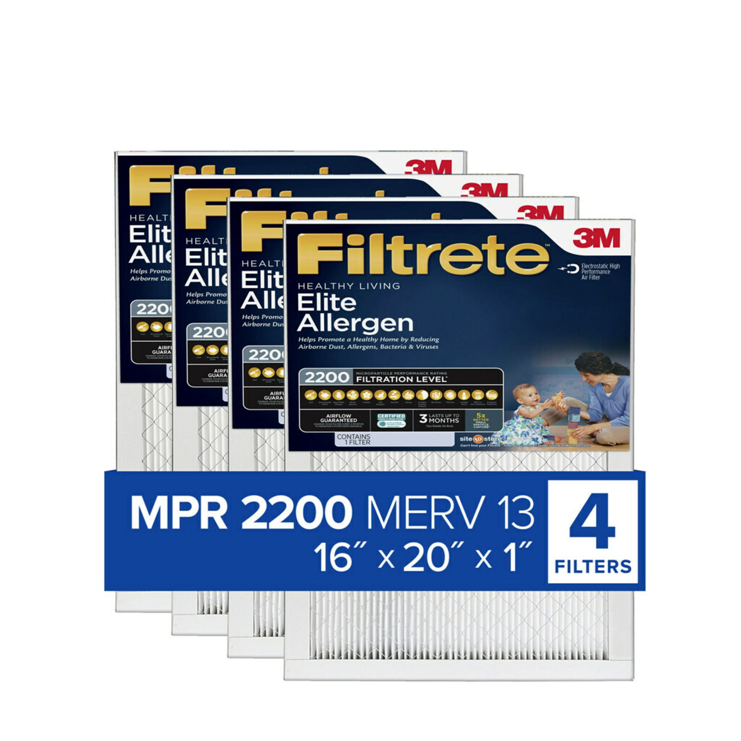 Filtrete by 3M 16x20x1. MERV 13. Elite Allergen Reduction HVAC Furnace Air Filter. MPR 2200. 4 Filters