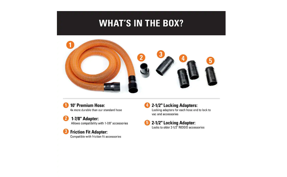 RIDGID LA2570 1-7/8 in. x 10 ft. Pro-Grade Locking Vacuum Hose Kit for RIDGID Wet/Dry Shop Vacuums