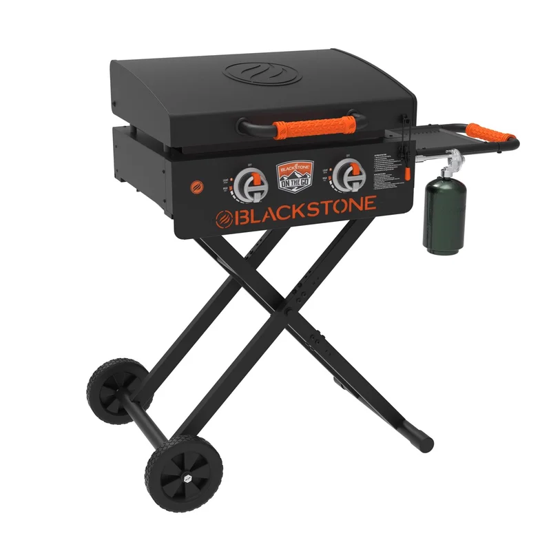 Blackstone 1935 On The Go Scissor-Leg Two Burners Gas Hood. Wheels. Side Shelf Heavy Duty Outdoor Stainless Steel Griddle for Backyard. Patio Camping. 22. Black