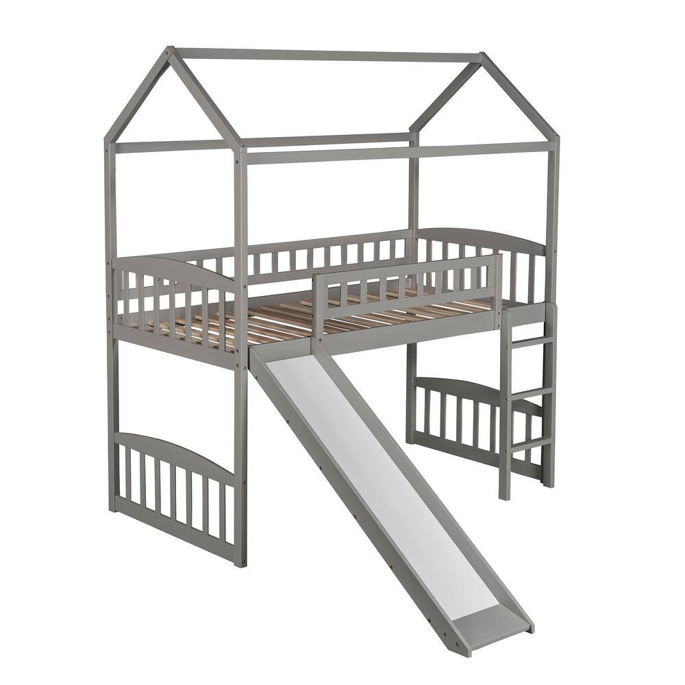 Harper & Bright Designs  Gray Twin Size House Loft Bed with Slide and Ladder