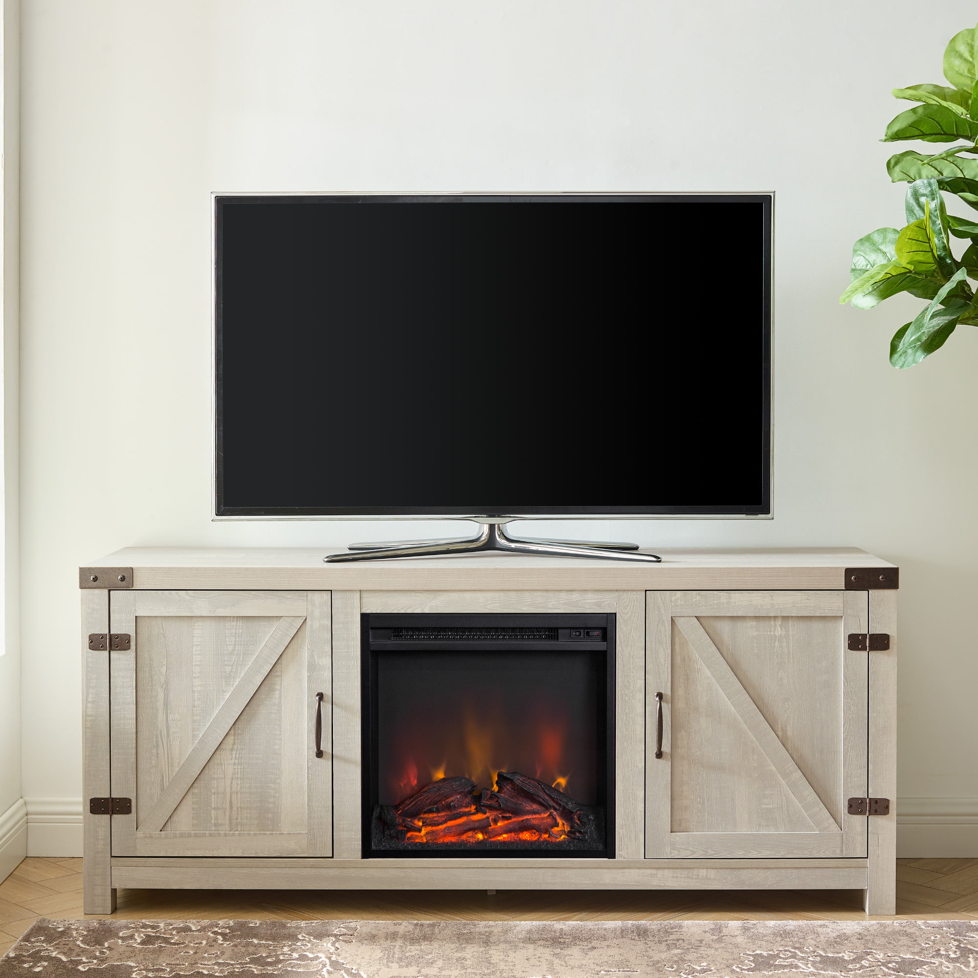 Woven Paths Modern Farmhouse Fireplace TV Stand for TVs up to 65″. Stone Grey