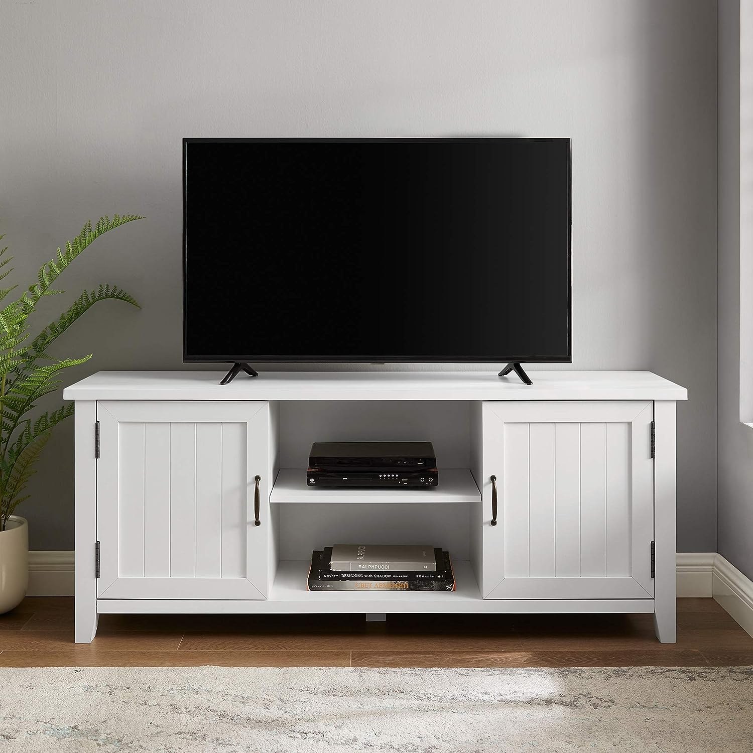 Walker Edison Buren Classic Grooved Door TV Stand for TVs up to 65 Inches. 58 Inch. Solid White