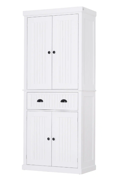 HOMCOM Tall 72″ Traditional Colonial Style Standing Kitchen Pantry Cupboard Cabinet - White