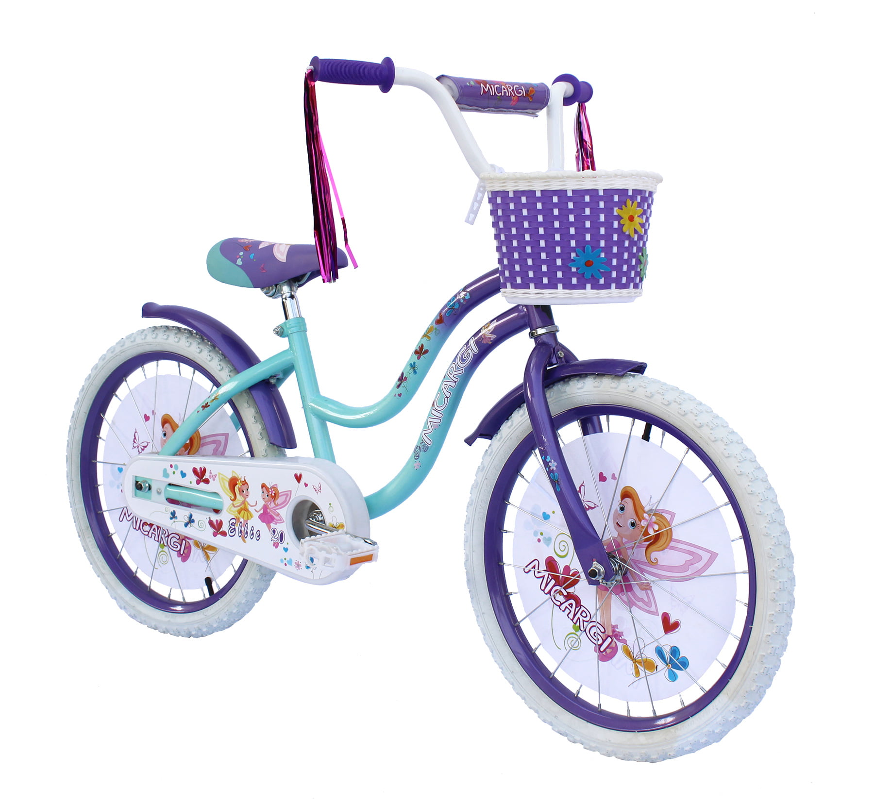 USToyOutlet 20 In. Cruiser Steel Frame Bicycle Coaster Brake One Piece Crank. White Full cover Chain Guard. Purple Baskets. Fenders & Rims. White Tire Kid-s Bike - Purple/Baby Blue