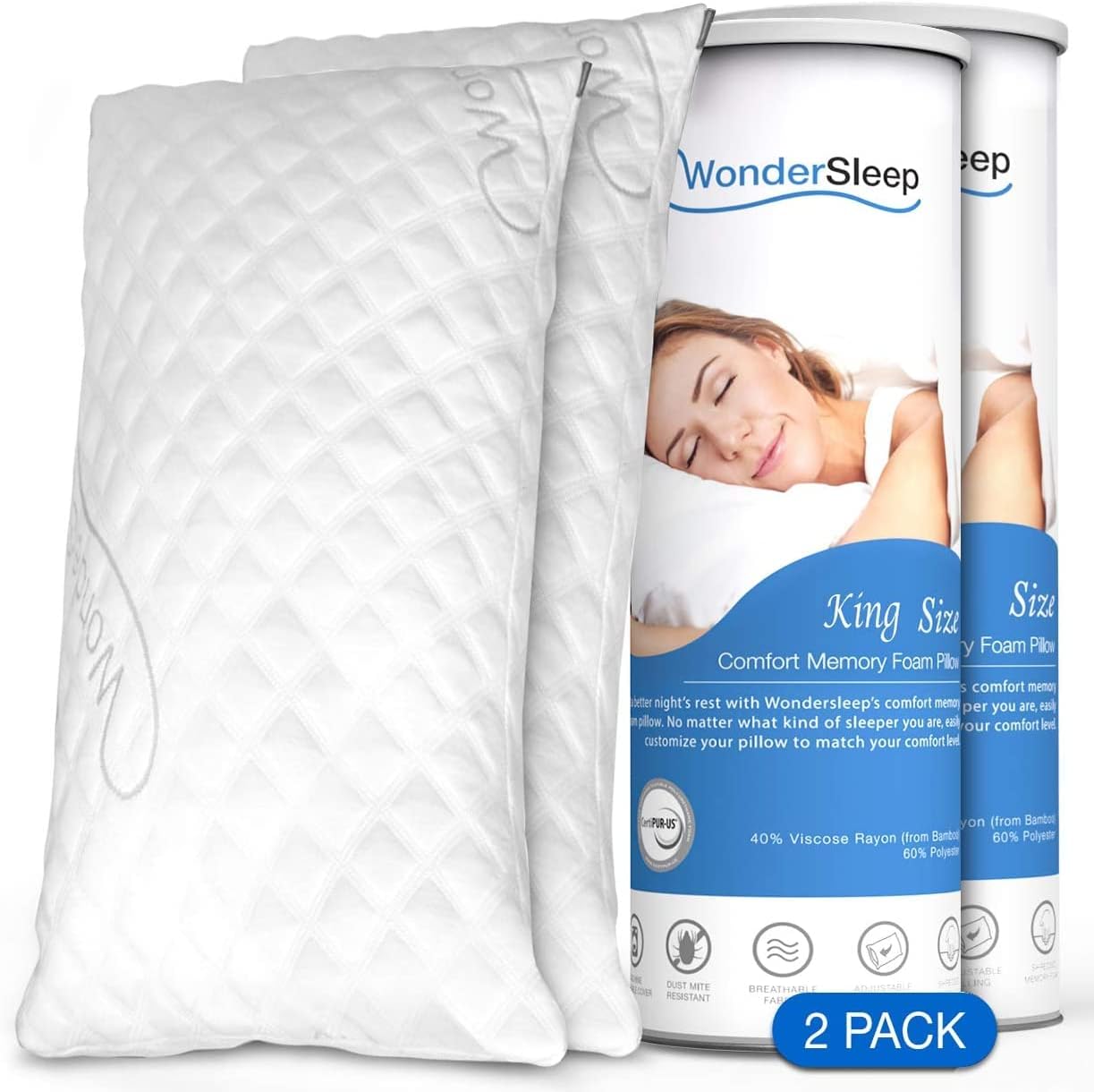 WonderSleep Premium Adjustable Loft King Size 2-Pack - Shredded Memory Foam Pillow for Home & Hotel Collection + Washable Removable Cooling Bamboo Derived Rayon Cover - 2 Pack King