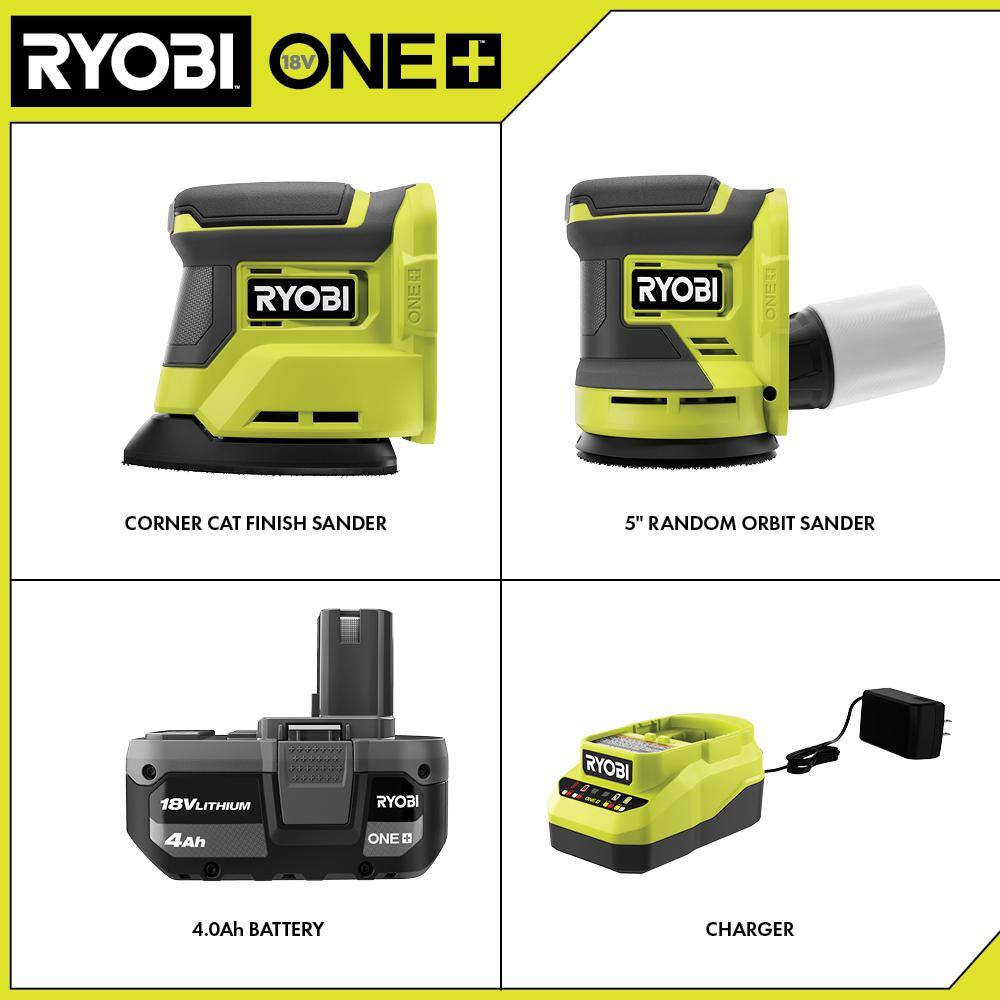RYOBI PCL416K1-PCL406B ONE+ 18V Cordless 2-Tool Combo Kit with Corner Cat Finish Sander. 5 in. Random Orbit Sander. 4.0 Ah Battery and Charger