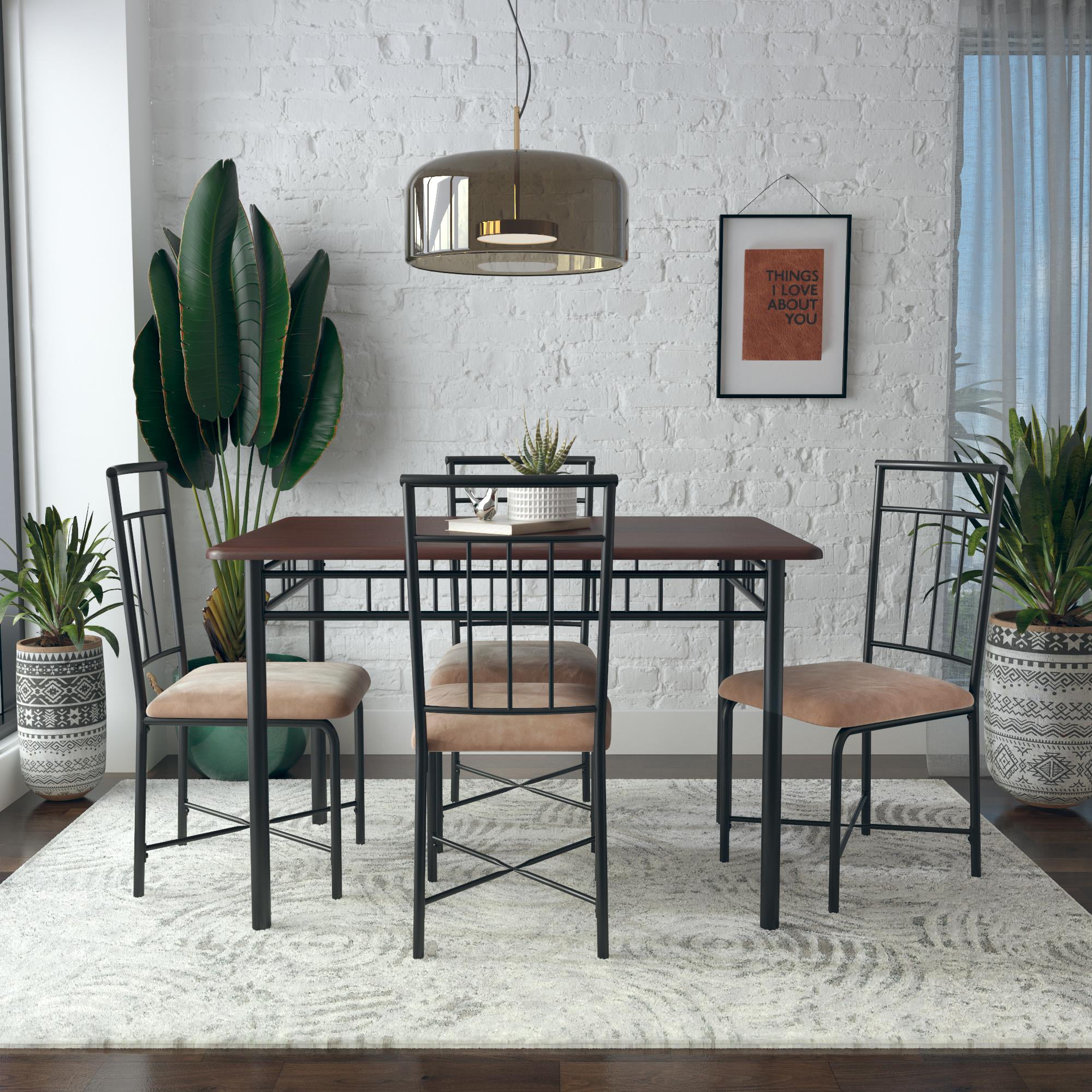 Mainstays Louise Traditional 5-Piece Wood & Metal Dining Set. Deep Walnut