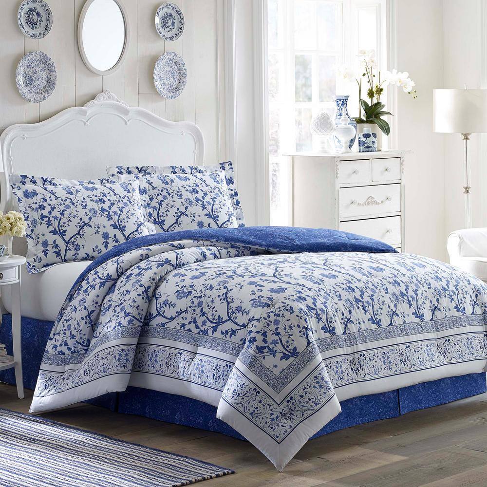 Laura Ashley  Charlotte 4-Piece Blue Floral Cotton Queen Comforter Set
