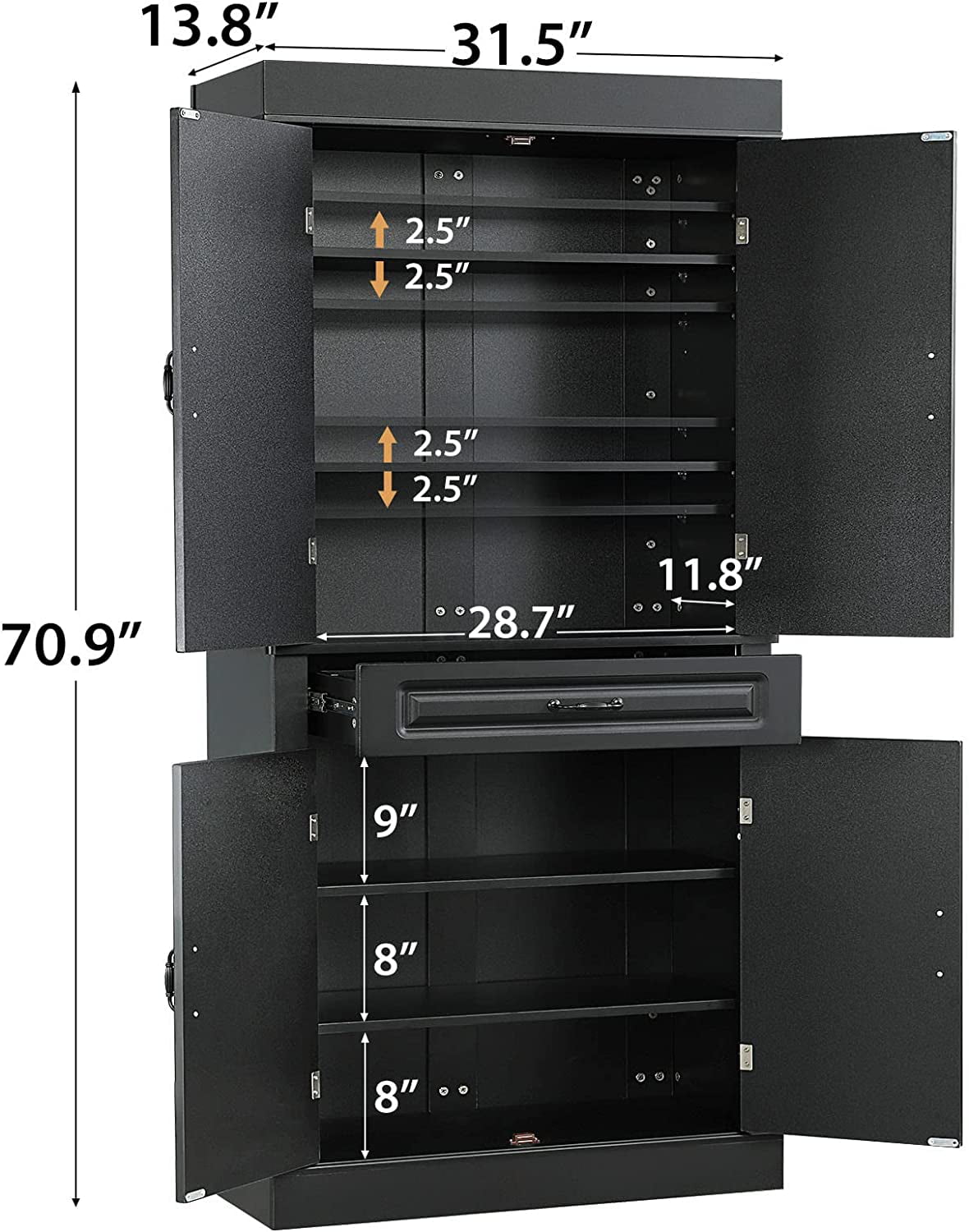 Yoleny 71” Freestanding Kitchen Pantry Cabinet. Tall Storage Cabinet with Drawer and Adjustable Shelves. 2-Door Floor Cupboard for Kitchen Bathroom Study Hallway. Black