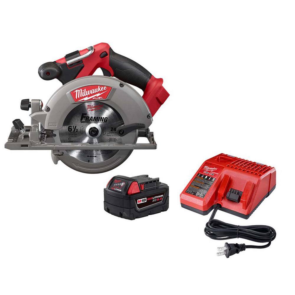 Milwaukee 48-59-1850-2730-20 M18 FUEL 18-Volt Lithium-Ion Brushless Cordless 6-1/2 in. Circular Saw w/5.0Ah Battery Starter Kit