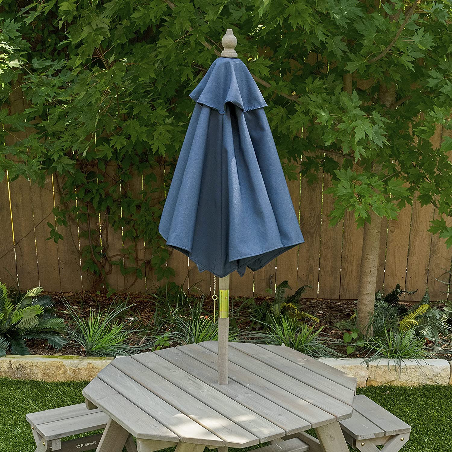 KidKraft Wooden Octagon Table. Stools & Umbrella Set. Kids' Outdoor Furniture. Barnwood Gray & Navy