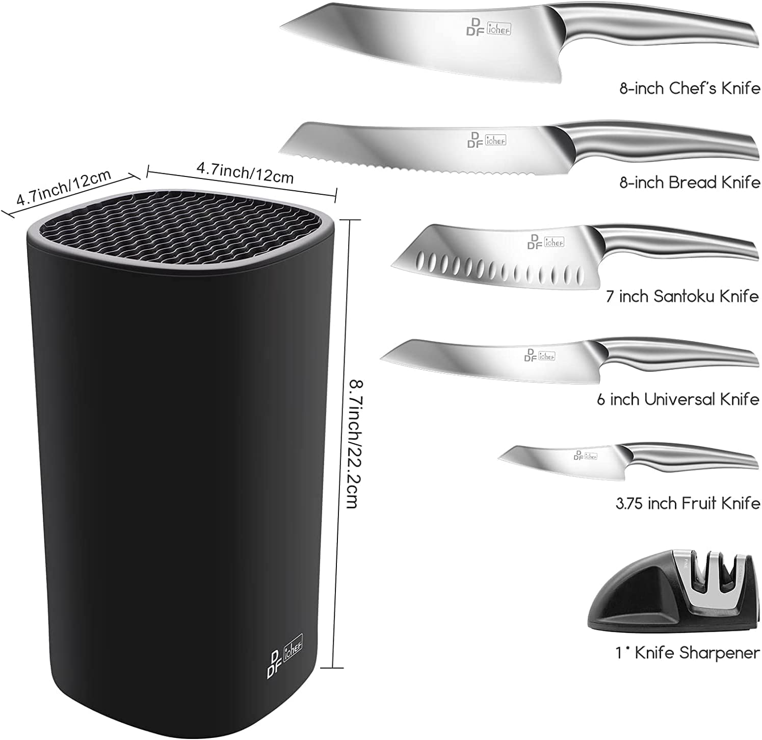 DDF iohEF Kitchen Knife Set with Block. 7 Piece Premium High Carbon Stainless Steel Knives Set with Knife Sharpener. Ultra Sharp Knife Block Set