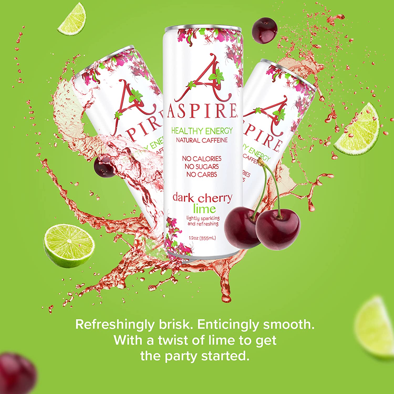Aspire Healthy Energy Drink. Dark Cherry Lime (Pack of 12) 12 oz Cans. Natural Caffeine and Zero Sugar. Coffee Substitute. Vitamins B & C. Keto. Vegan. and Kosher Friendly