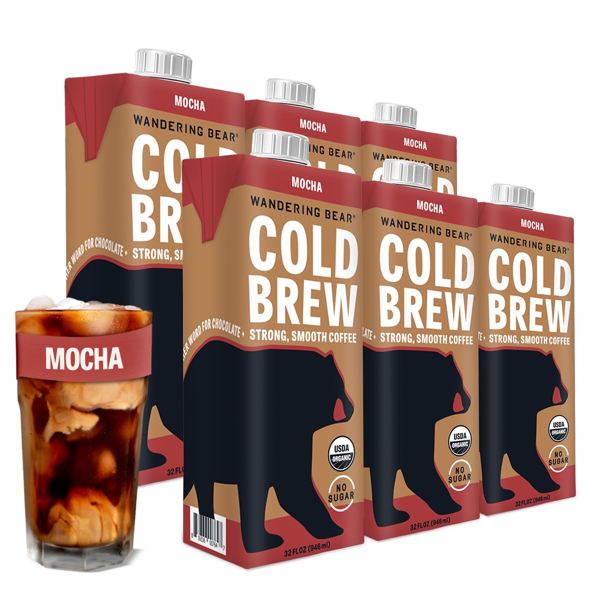 Wandering Bear Organic Mocha Cold Brew Coffee. 32 fl oz. 6 pack - Extra Strong. Smooth. Organic. Unsweetened. Shelf-Stable. and Ready to Drink Iced Coffee. Cold Brewed Coffee. Cold Coffee