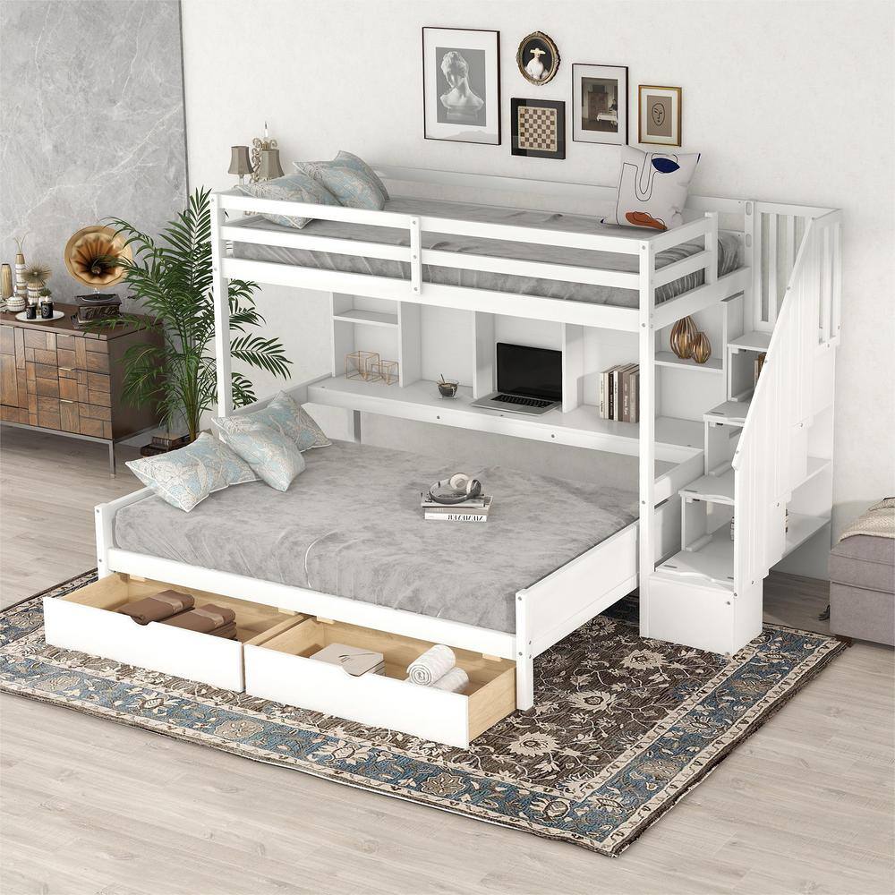 Harper & Bright Designs  White Twin XL over Full Bunk Bed with Built-in Storage Shelves. Drawers and Staircase