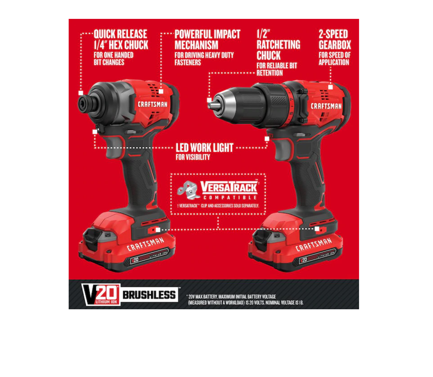 CRAFTSMAN CMCK420D2 V20 4-Tool 20-Volt Max Brushless Power Tool Combo Kit with Soft Case (2-Batteries Included and Charger Included)
