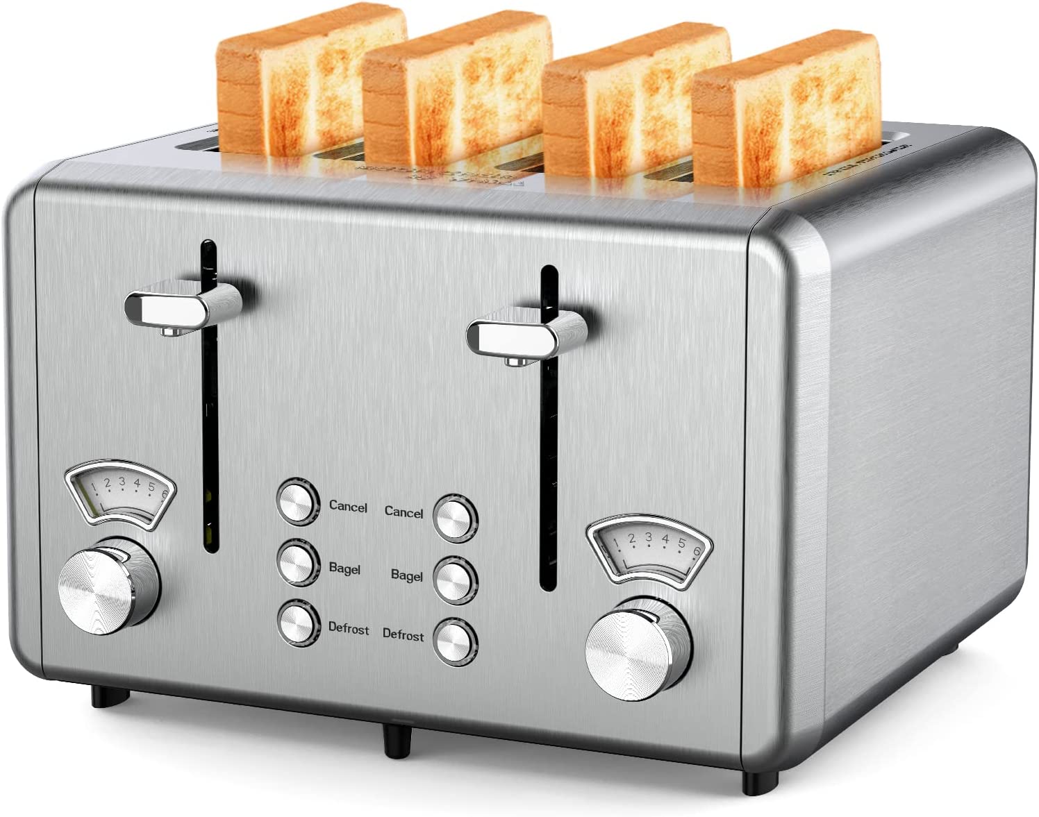 WHALL 4 Slice Toaster Stainless Steel.Toaster-6 Bread Shade Settings.Bagel/Defrost/Cancel Function with Dual Control Panels.Extra Wide Slots.Removable Crumb Tray.for Various Bread Types 1500W