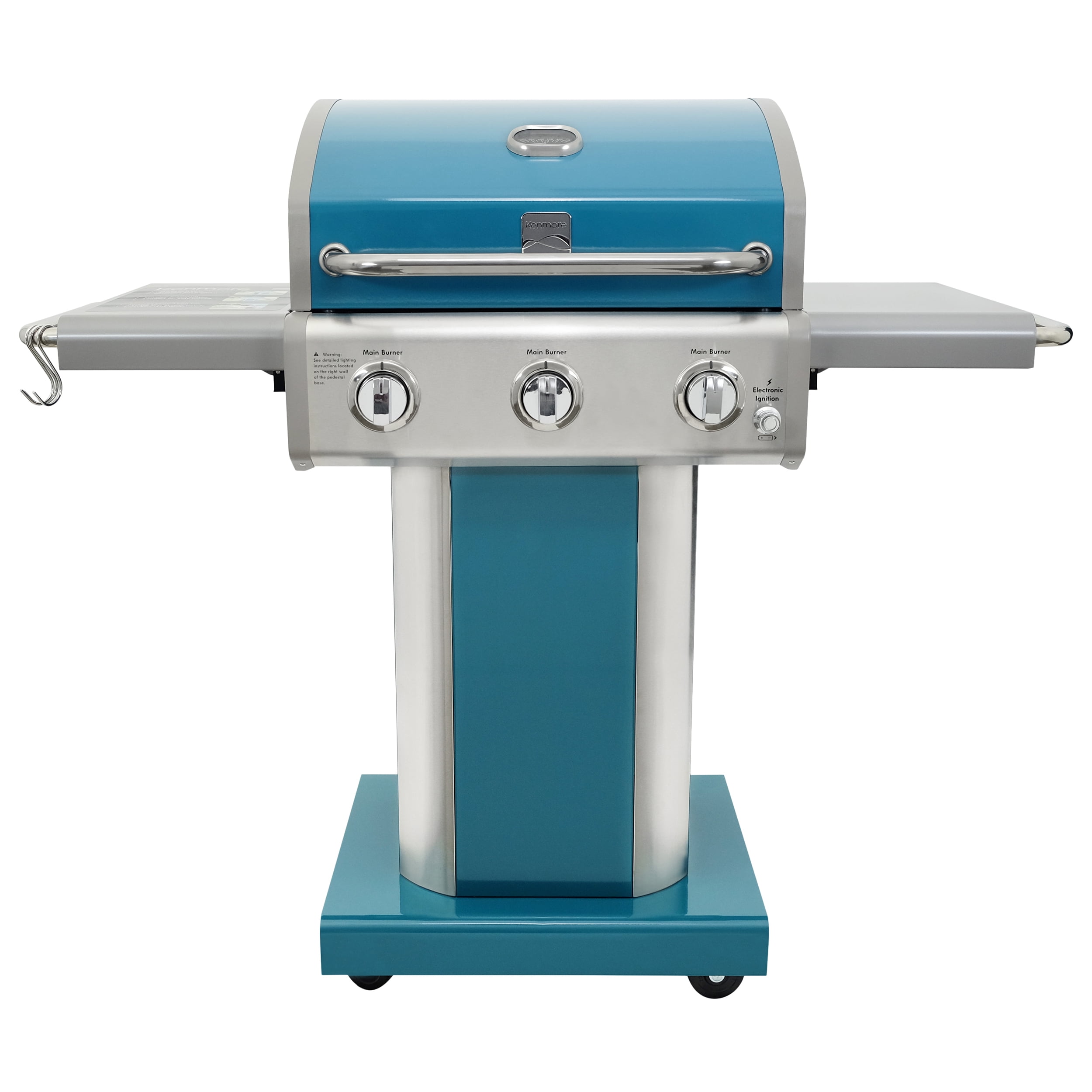 Kenmore 3-Burner Outdoor BBQ Propane Gas Grill with Foldable Sides. Teal Green