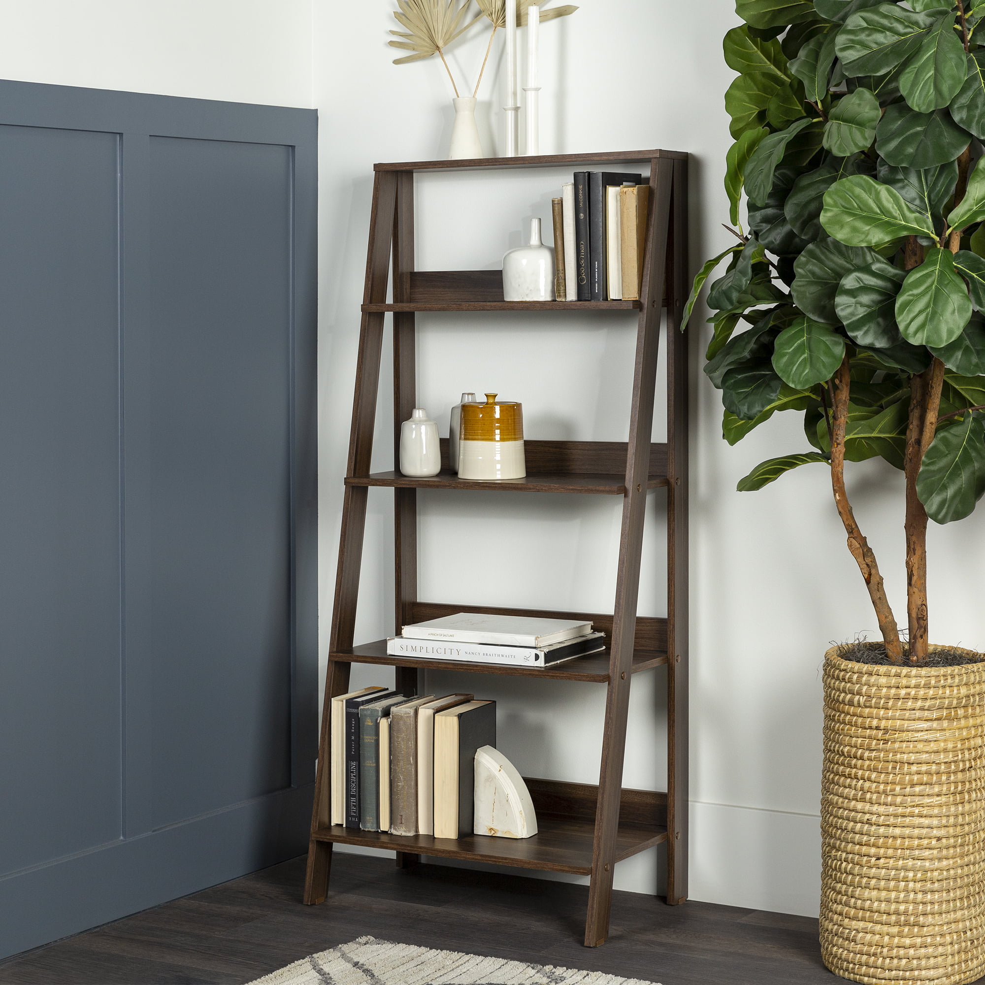 Manor Park 55 inch Modern Wood Ladder Bookcase. Walnut