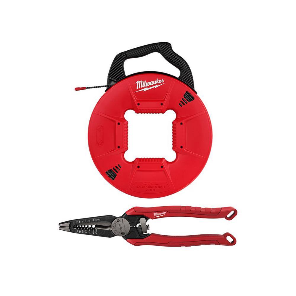 Milwaukee 48-22-4167-48-22-3078 200 ft. x 17 in. Polyester Fish Tape with Non-Conductive Tip with 9 in. 7-in-1 Combination Wire Strippers Pliers