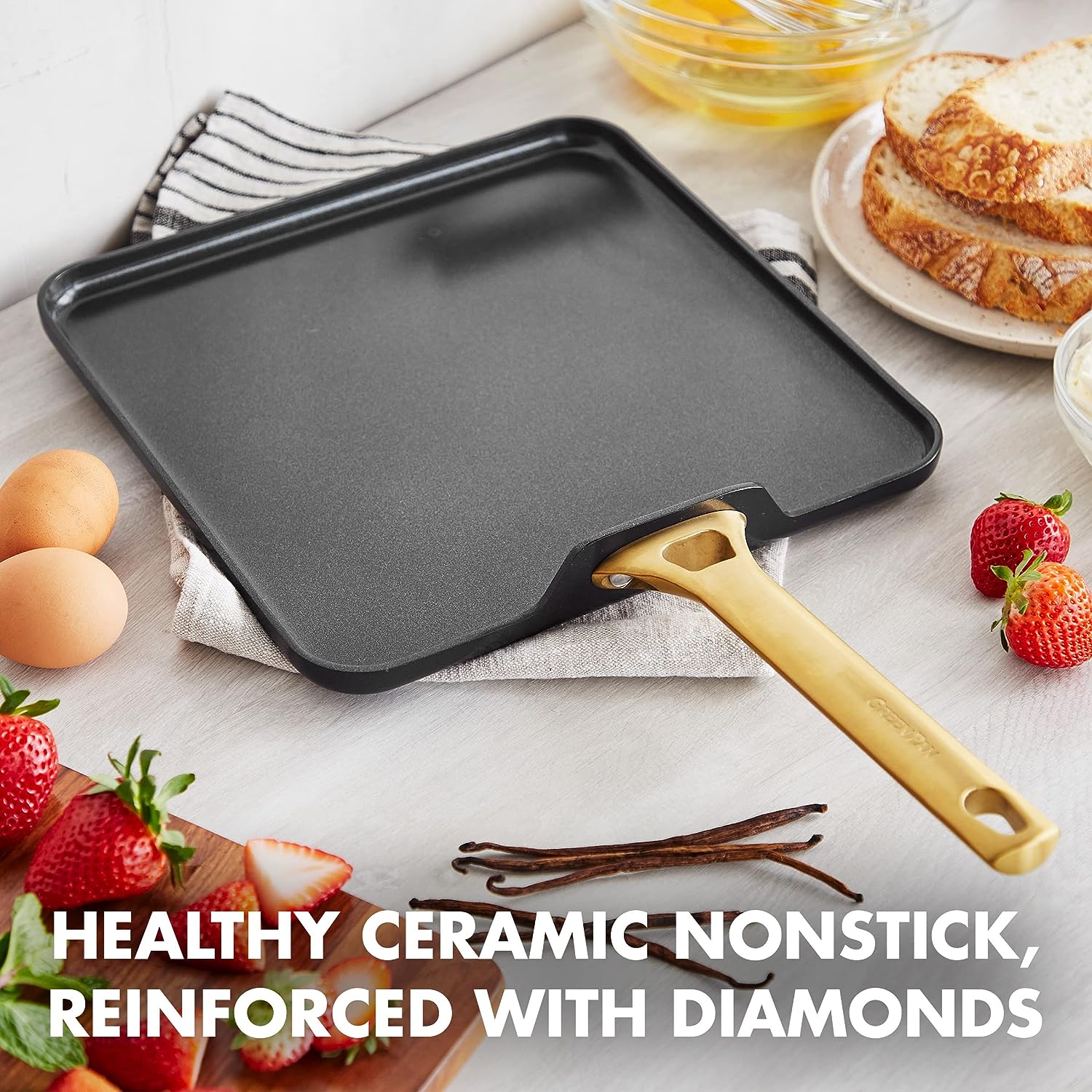 GreenPan Reserve Hard Anodized Healthy Ceramic Nonstick. 11″ Square Griddle Pan. Gold Handle. PFAS-Free. Dishwasher Safe. Oven Safe. Black