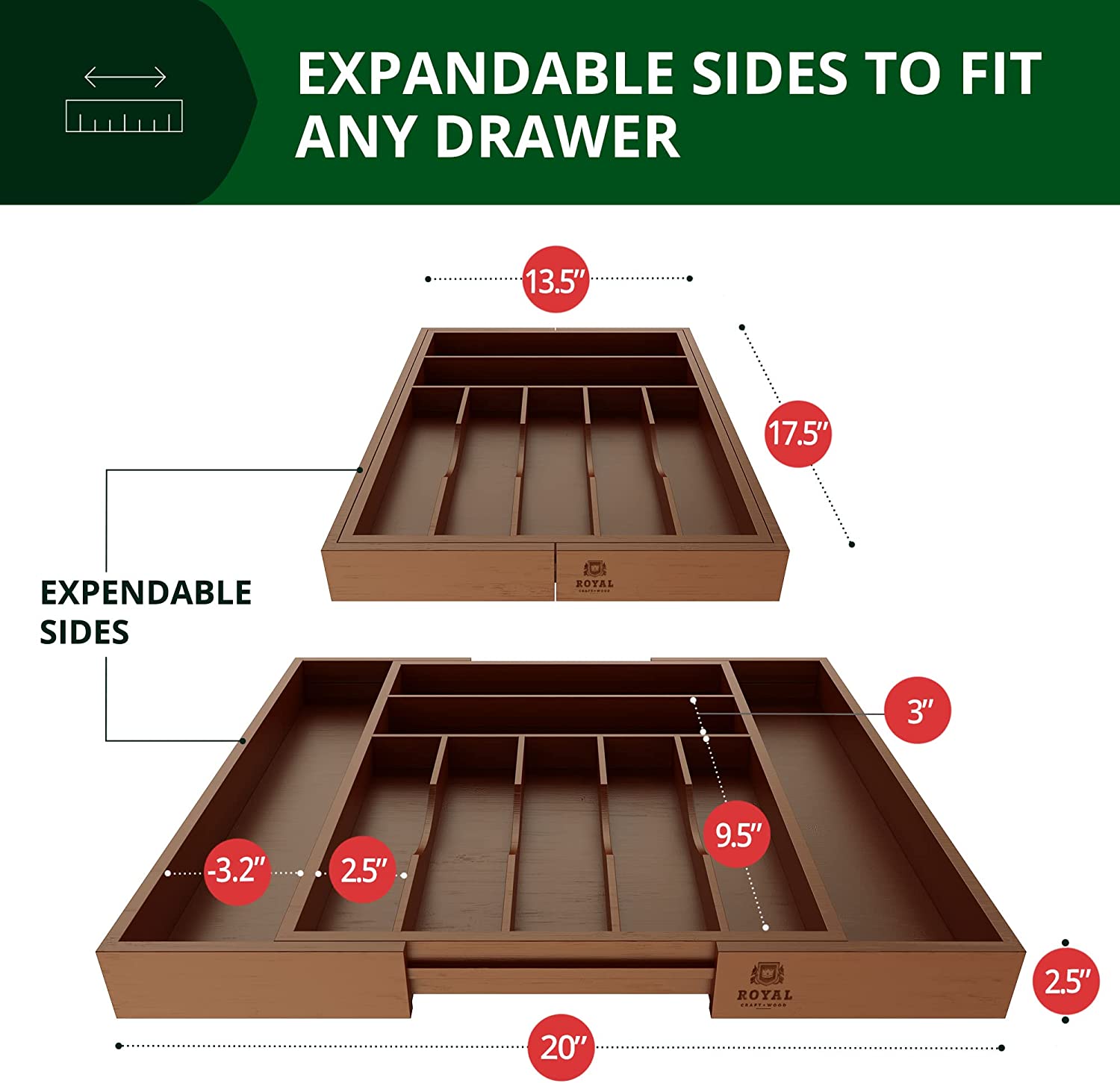 Luxury Bamboo Kitchen Drawer Organizer - Silverware Organizer - Utensil Holder and Cutlery Tray (9 Slot. Brown)