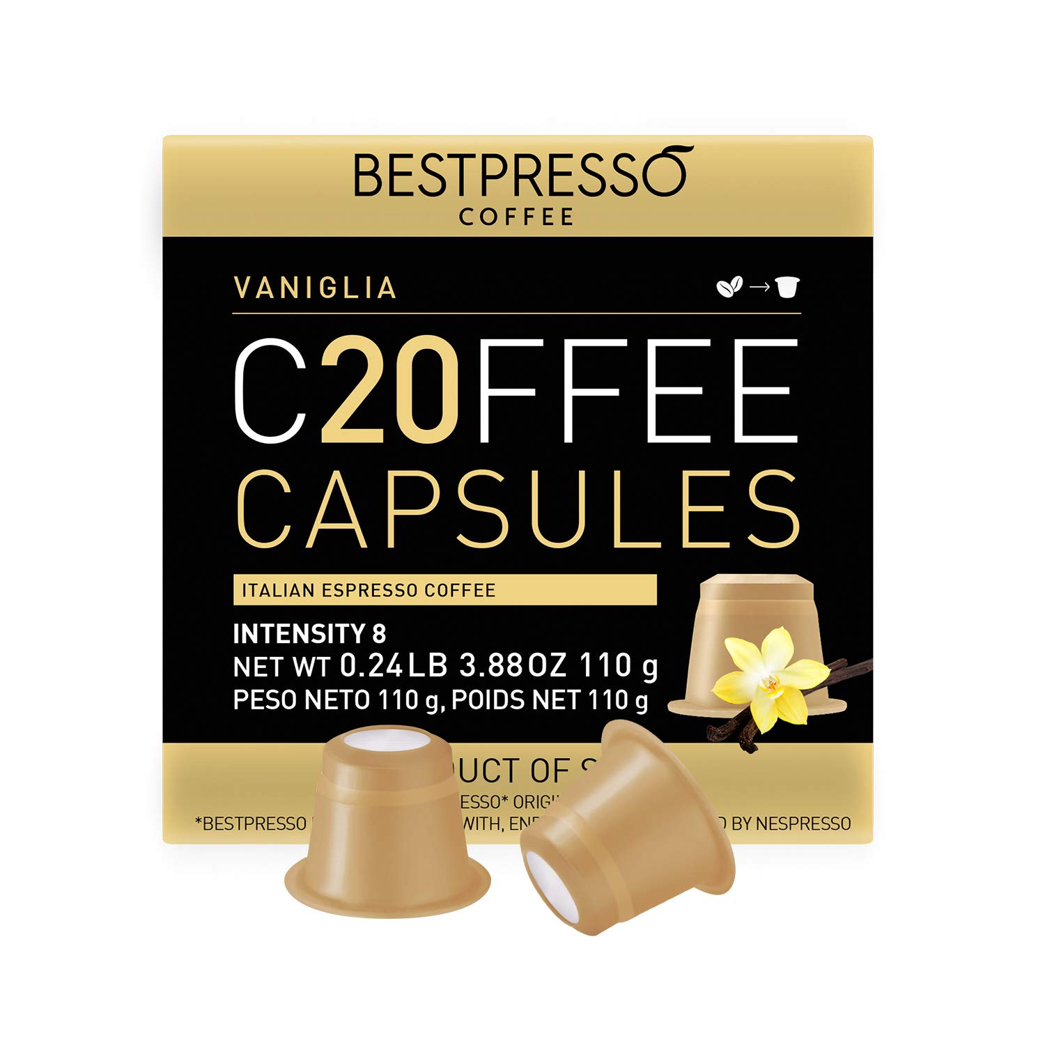 Bestpresso Coffee for Nespresso Original Machine 120 pods Certified Genuine Espresso Flavored Pack Vanilla Pods Compatible with Nespresso Original 60 Days Satisfaction Guarantee