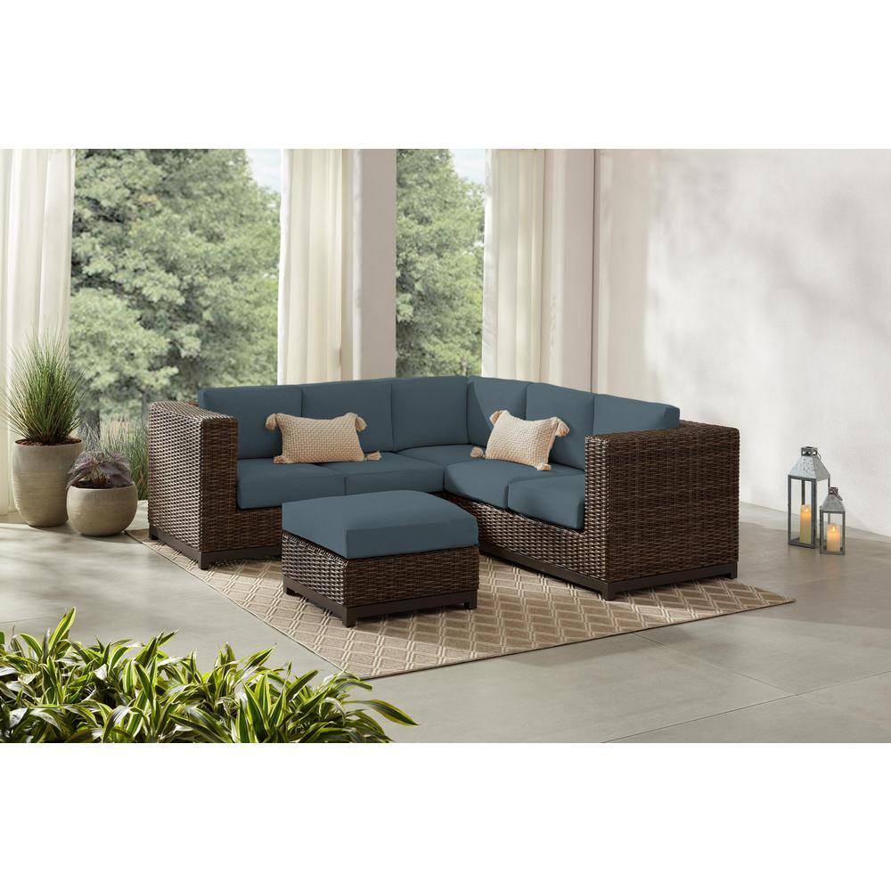 Hampton Bay  Fernlake Taupe Wicker Armless Middle Outdoor Patio Sectional Chair with Sunbrella Denim Blue Cushions (2-Pack)