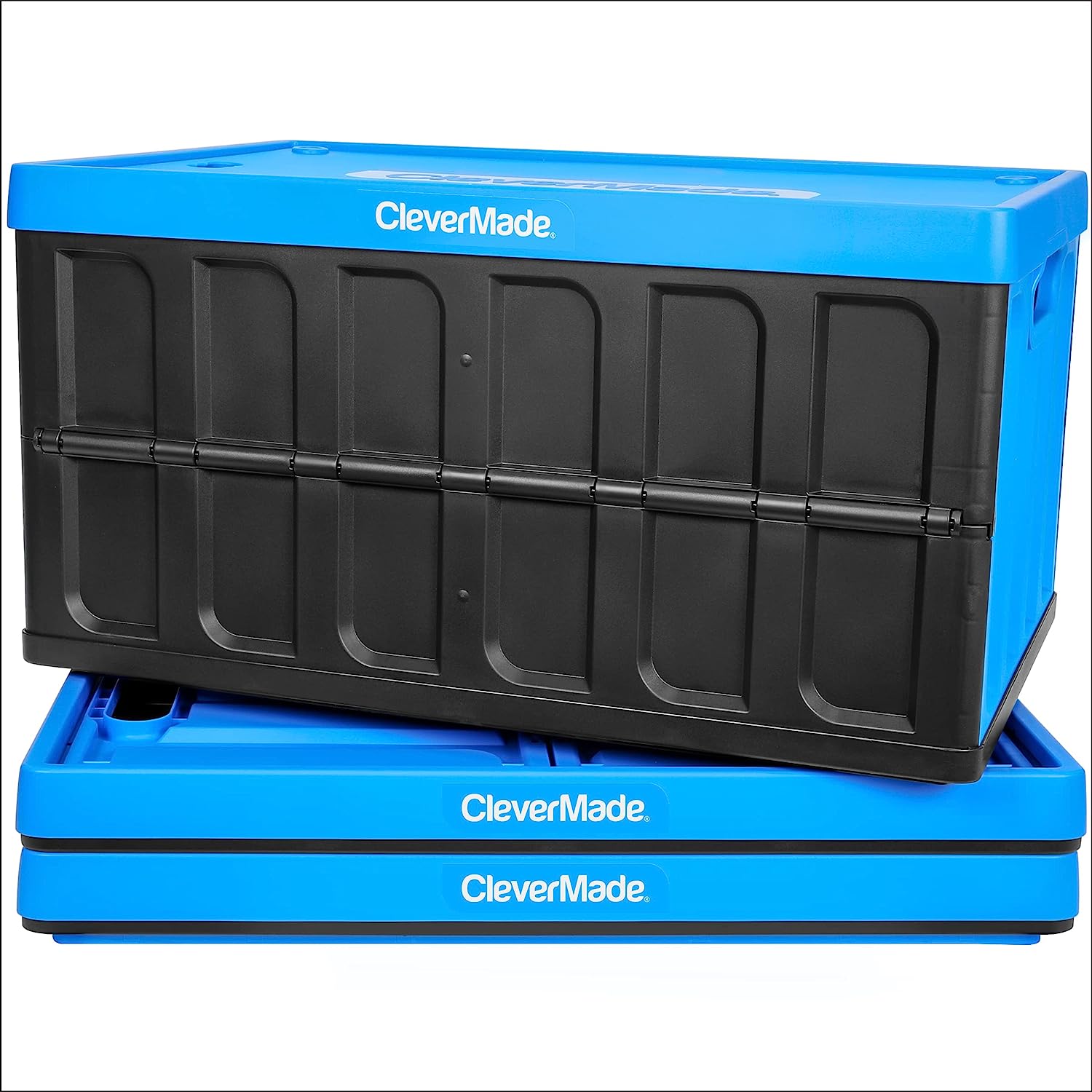 CleverMade 62L Collapsible Storage Bins with Lids - Folding Plastic Stackable Utility Crates. Solid Wall CleverCrates. 3 Pack. Neptune Blue