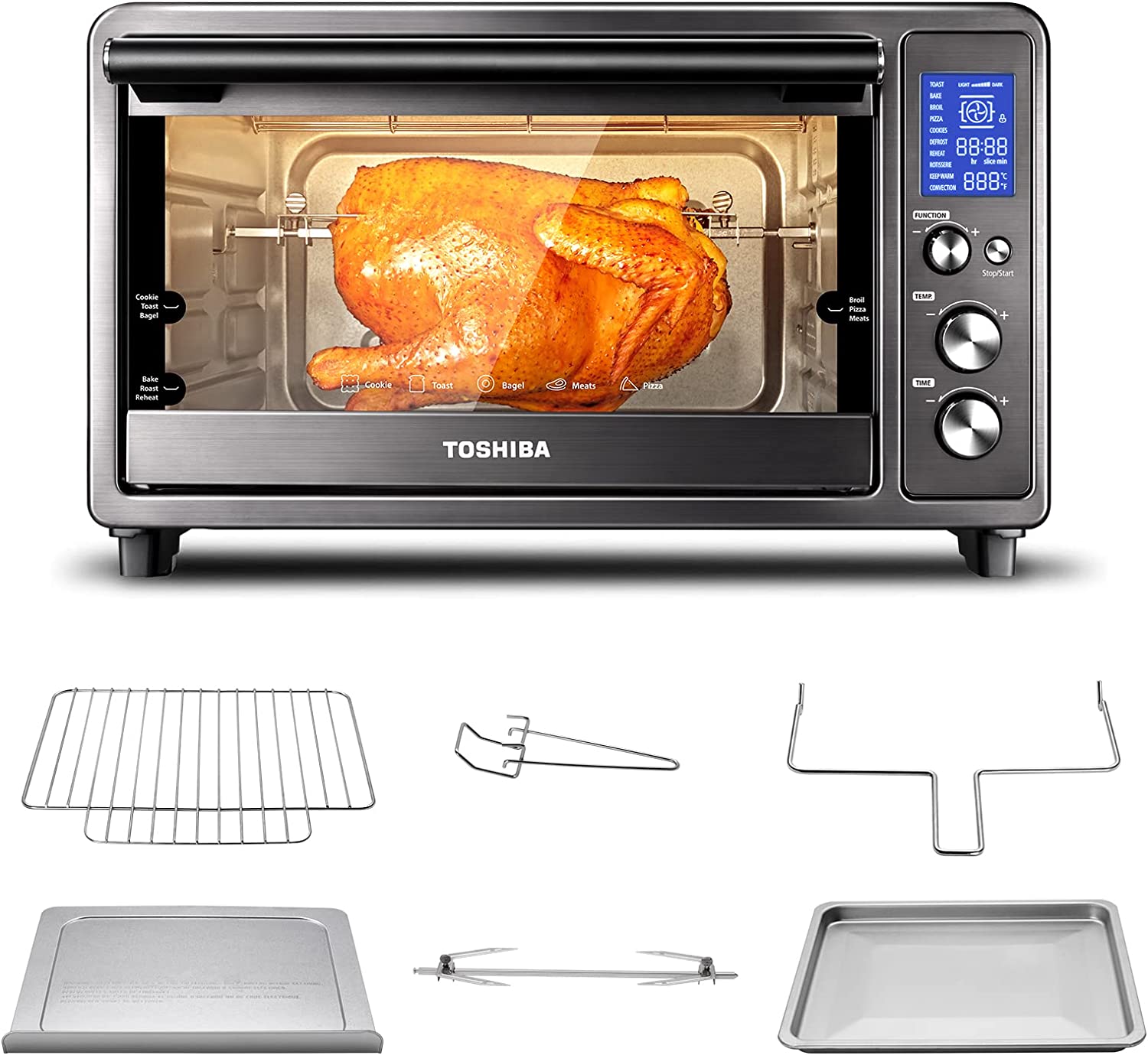 Toshiba Speedy Convection Toaster Oven Countertop with Double Infrared Heating. 10-in-1 with Toast. Pizza. Rotisserie. Larger 6-slice Capacity. 1700W. Black Stainless Steel. Includes 6 Accessories