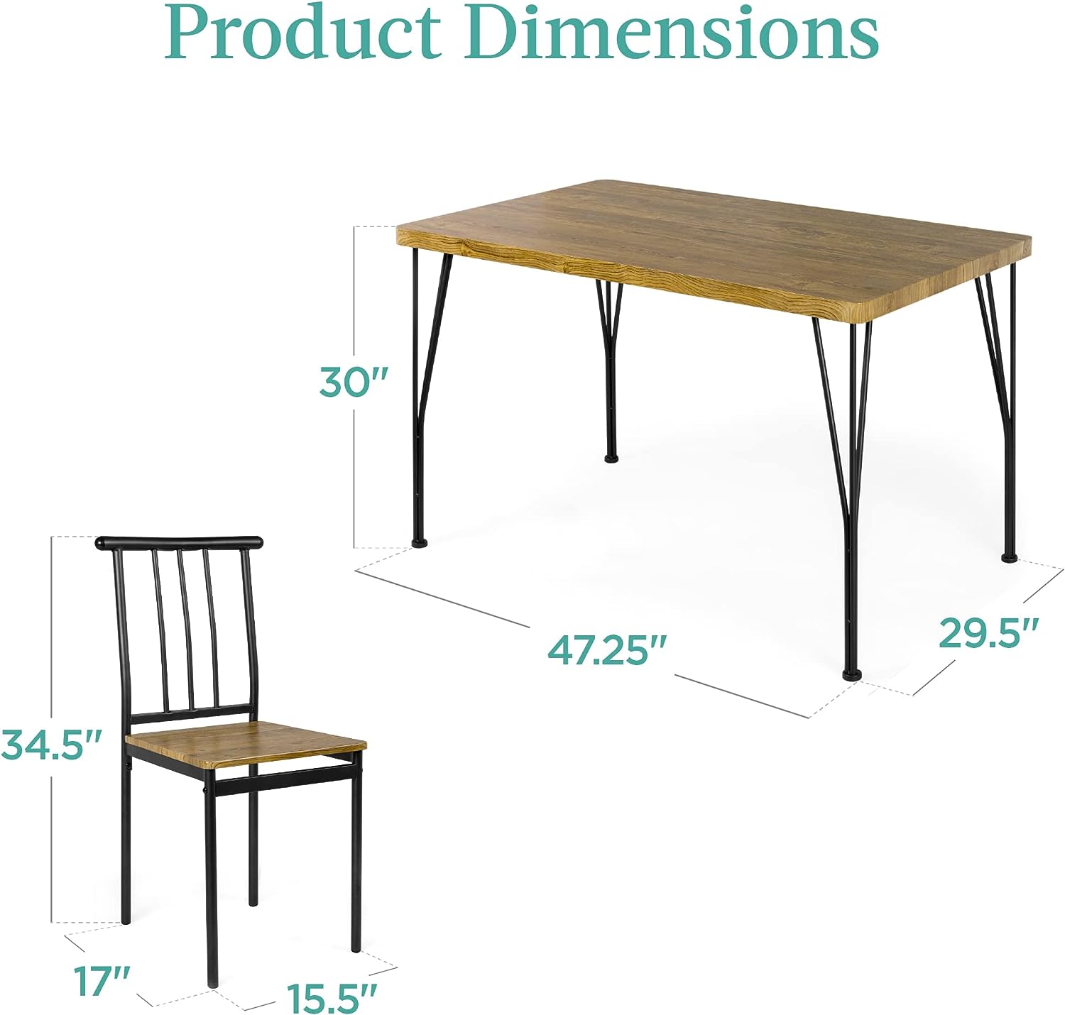 Best Choice Products 5-Piece Metal and Wood Indoor Modern Rectangular Dining Table Furniture Set for Kitchen. Dining Room. Dinette. Breakfast Nook w4 Chairs - Brown