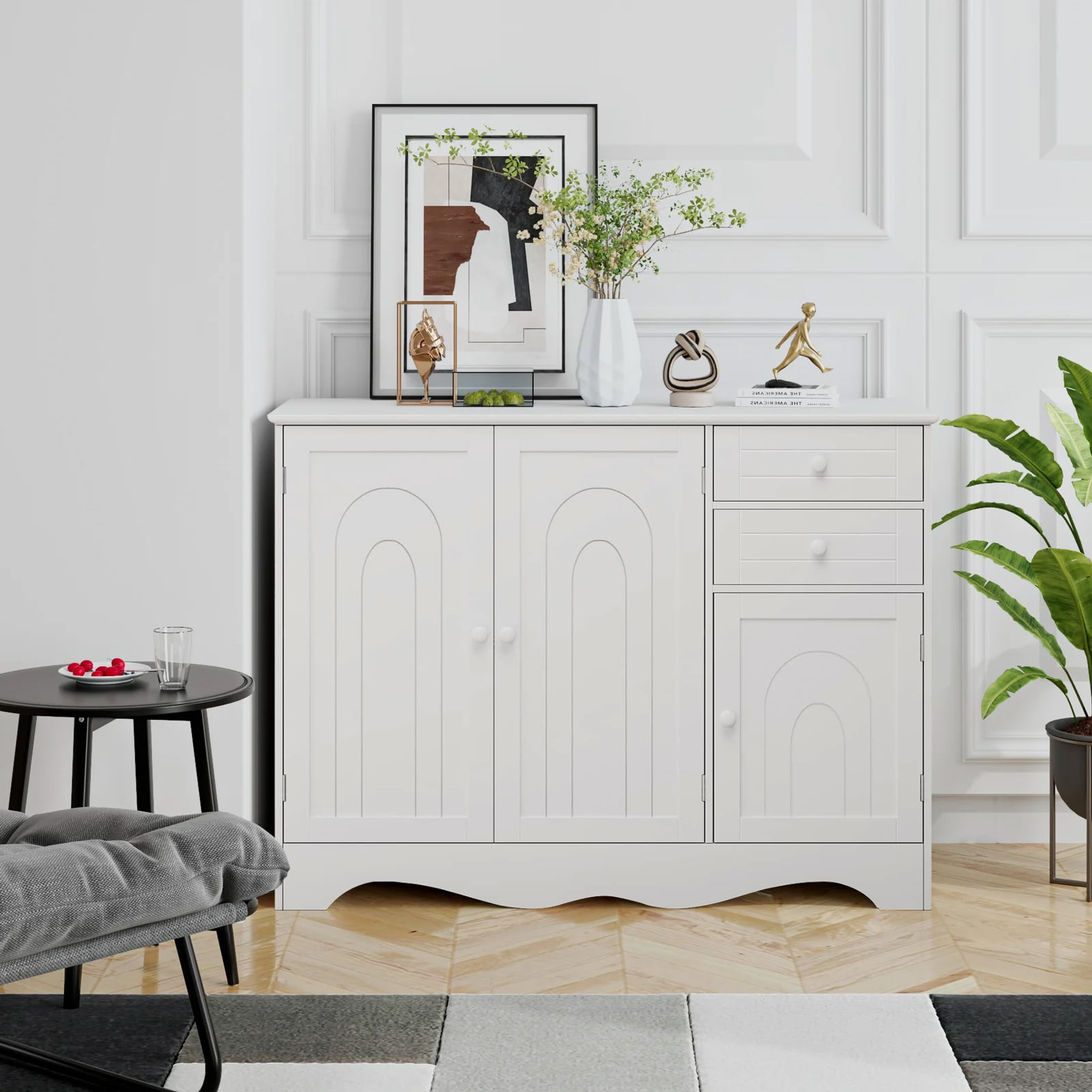 Homfa Kitchen Storage Cabinet. White Buffet Server Cupboard. Floor Sideboard Cabinet with 3 Doors and 2 Drawers for Living Room