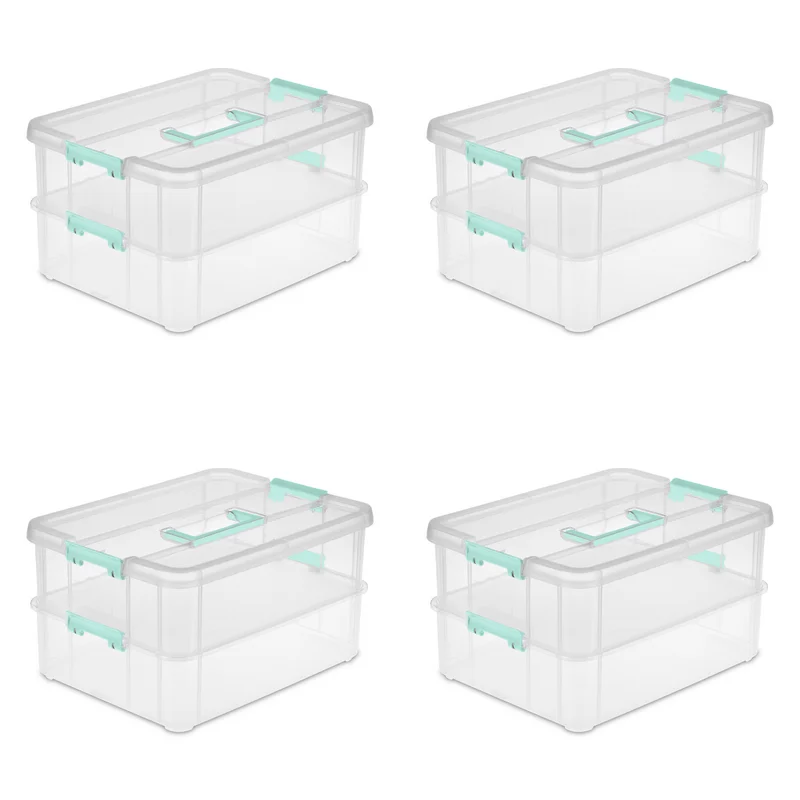 Sterilite Convenient Home 2-Tiered Layer Stack Carry Storage Box. Clear (4 Pack)