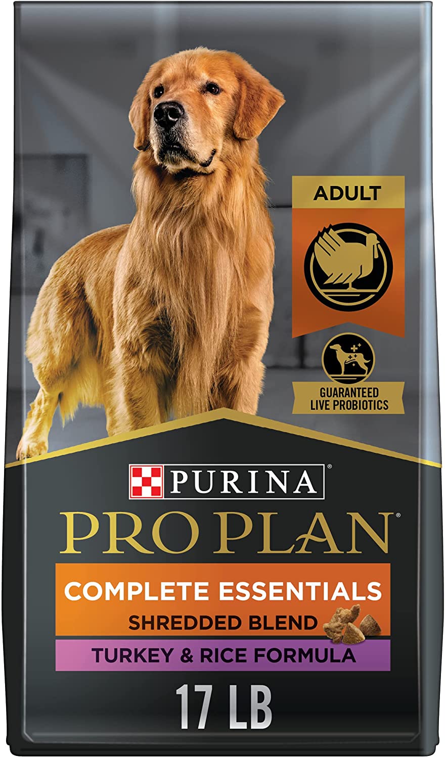 Purina Pro Plan High Protein Dog Food with Probiotics for Dogs. Shredded Blend Turkey & Rice Formula - 17 lb. Bag
