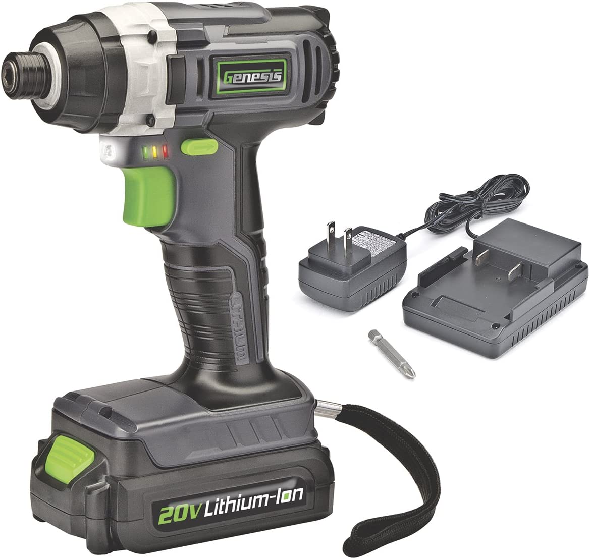 Genesis GLID20A 20 Volt Lithium-ion Battery-Powered Cordless Variable Speed Impact Driver with 1/4″ Collet . Built-In LED Work Light. 20V Battery. Charger and Screwdriver Bit