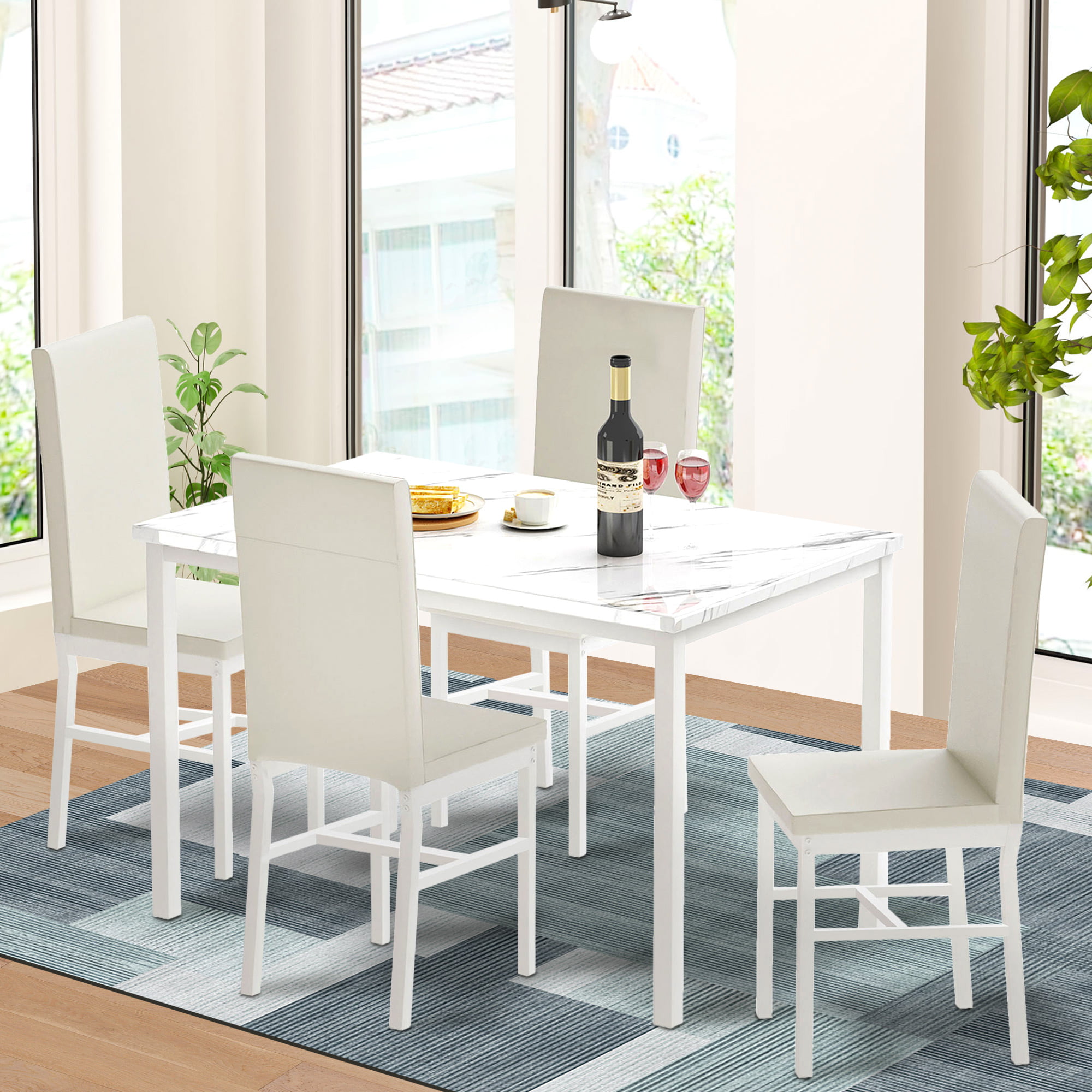 Syngar 5 Piece Dining Set. Modern Dining Table and Chairs Set for 4. Kitchen Dining Table Set with Faux Marble Tabletop and 4 PU Leather Upholstered Chairs. for Small Space. Breakfast Nook. White. D8531