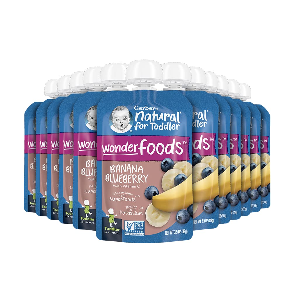 Gerber Purees Banana Blueberry Toddler Pouch. 3.5 Ounces. Banana Blueberry.  Baby Food (Pack of 12)