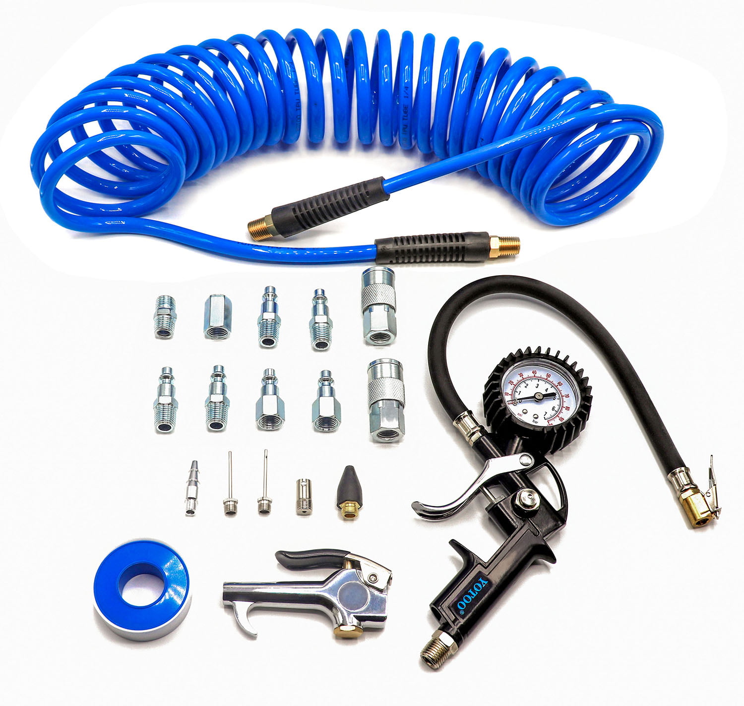 YOTOO Heavy Duty Air Compressor Accessories Kit 20 Pieces with Polyurethane 25′ Hose