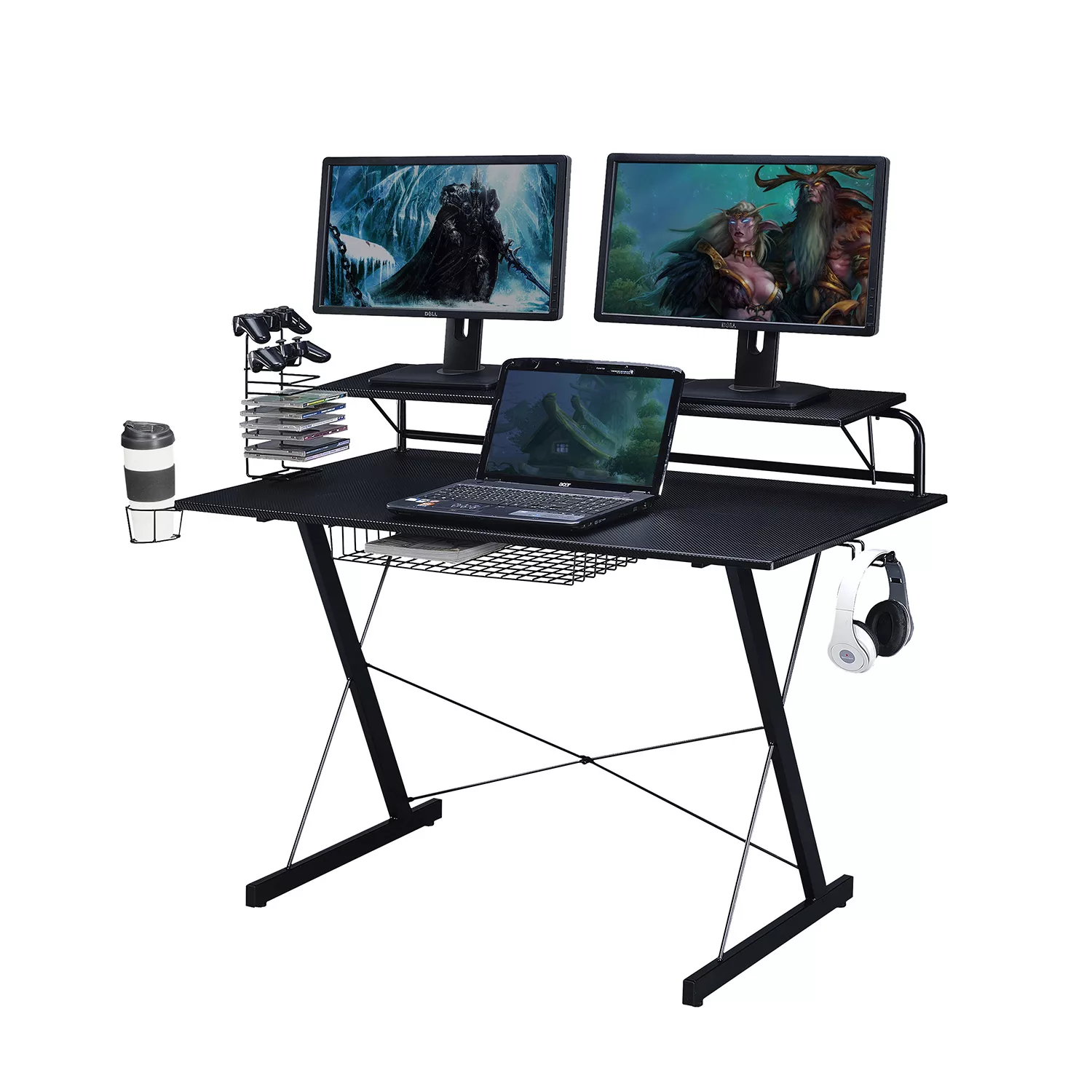 Techni Sport TS-200 Carbon Computer Gaming Desk with Shelving. Black