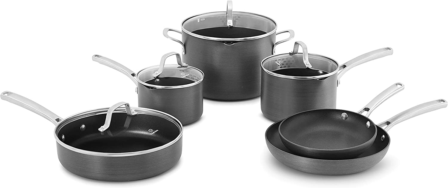 Calphalon 10-Piece Pots and Pans Set. Nonstick Kitchen Cookware with Stay-Cool Stainless Steel Handles and Pour Spouts. Grey