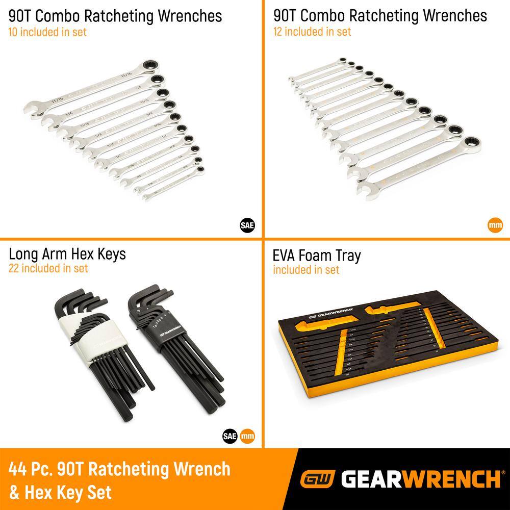 GEARWRENCH 1008245829 44pc 90T SAE/Metric Combination Ratcheting Wrench & Long Arm Hex Key Set with EVA Foam Tray