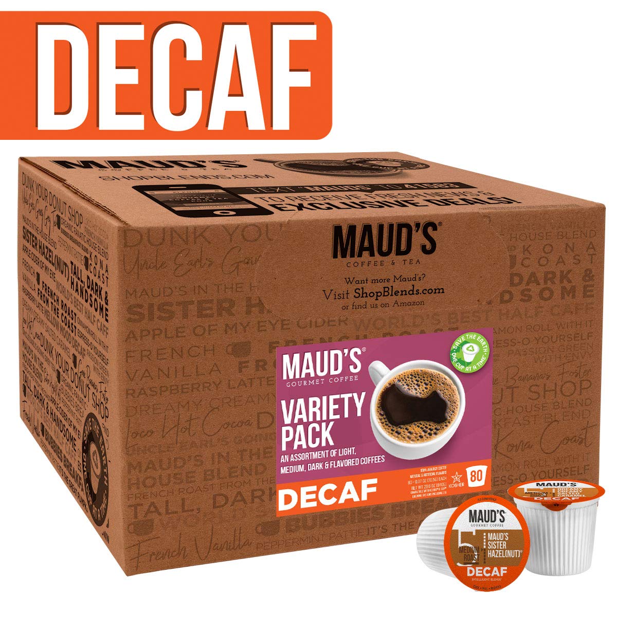 Maud-s Decaf Coffee Variety Pack. 80ct. Solar Energy Produced Recyclable Single Serve Swiss Water Processed Decaf Coffee Pods - 100% Arabica Decaffeinated Coffee California Roasted. KCup Compatible