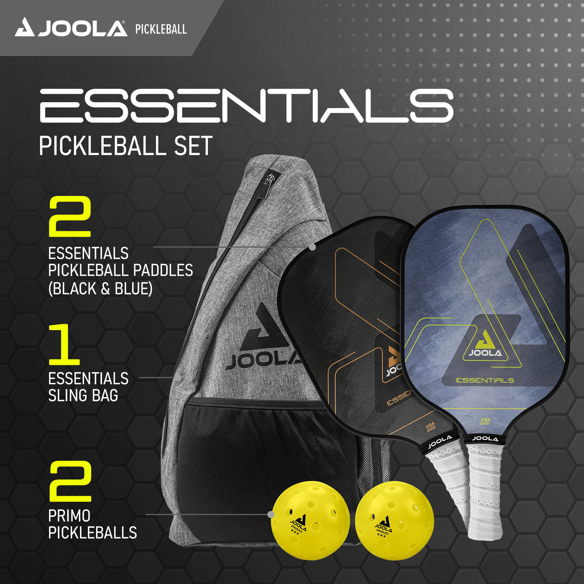 JOOLA Essentials Pickleball Set- 2 Paddles. 2 Balls. Sling Bag. 2.2 lbs.. black and blue