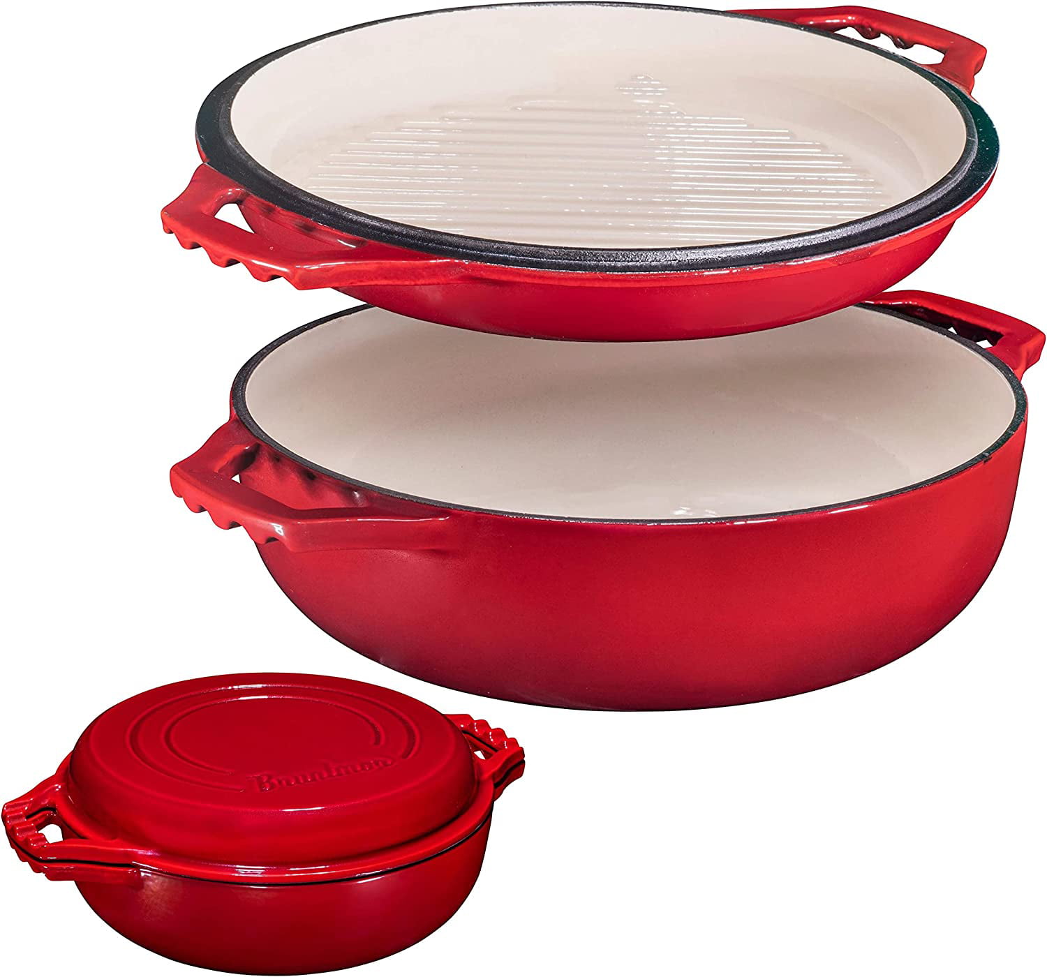 Bruntmor | 2-In-1 Enameled Cast Iron Cocotte Double Braiser Pan With Grill Lid